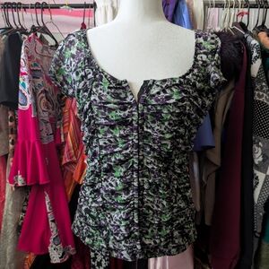 Floral Ruched Top - Green and Purple